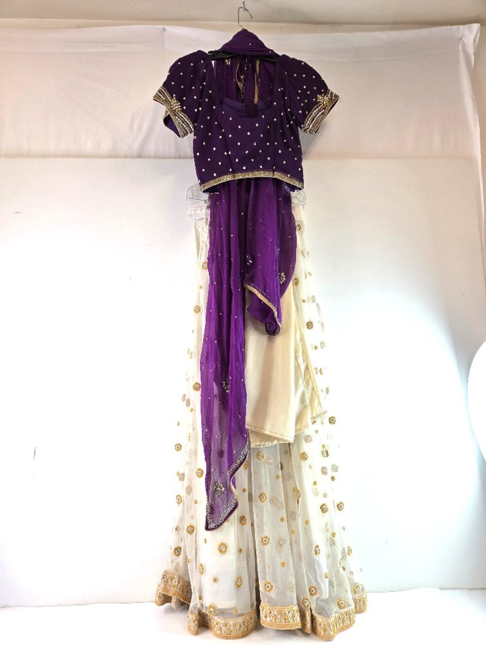 Womens Lehenga Choli Purple Indian Dress with Scarf Gold Trim Diwali Wedding